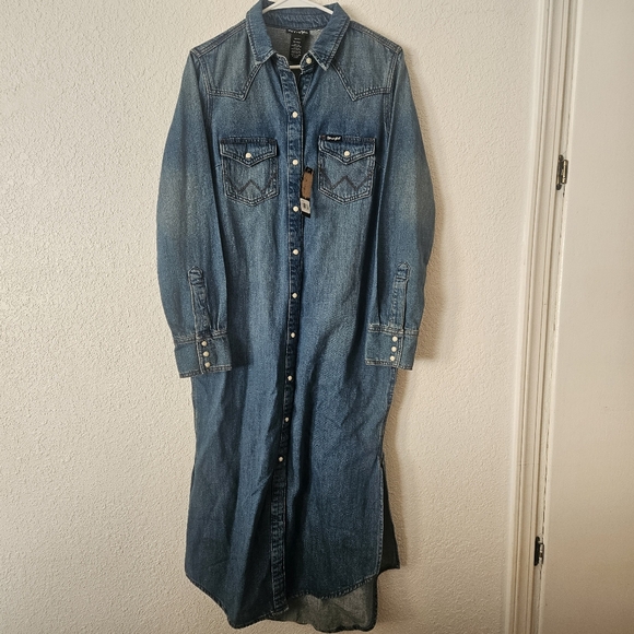 Wrangler Retro Denim Dress Western Maxi Long Sleeve Shirt Dress Small Pearl Snap - Picture 1 of 10